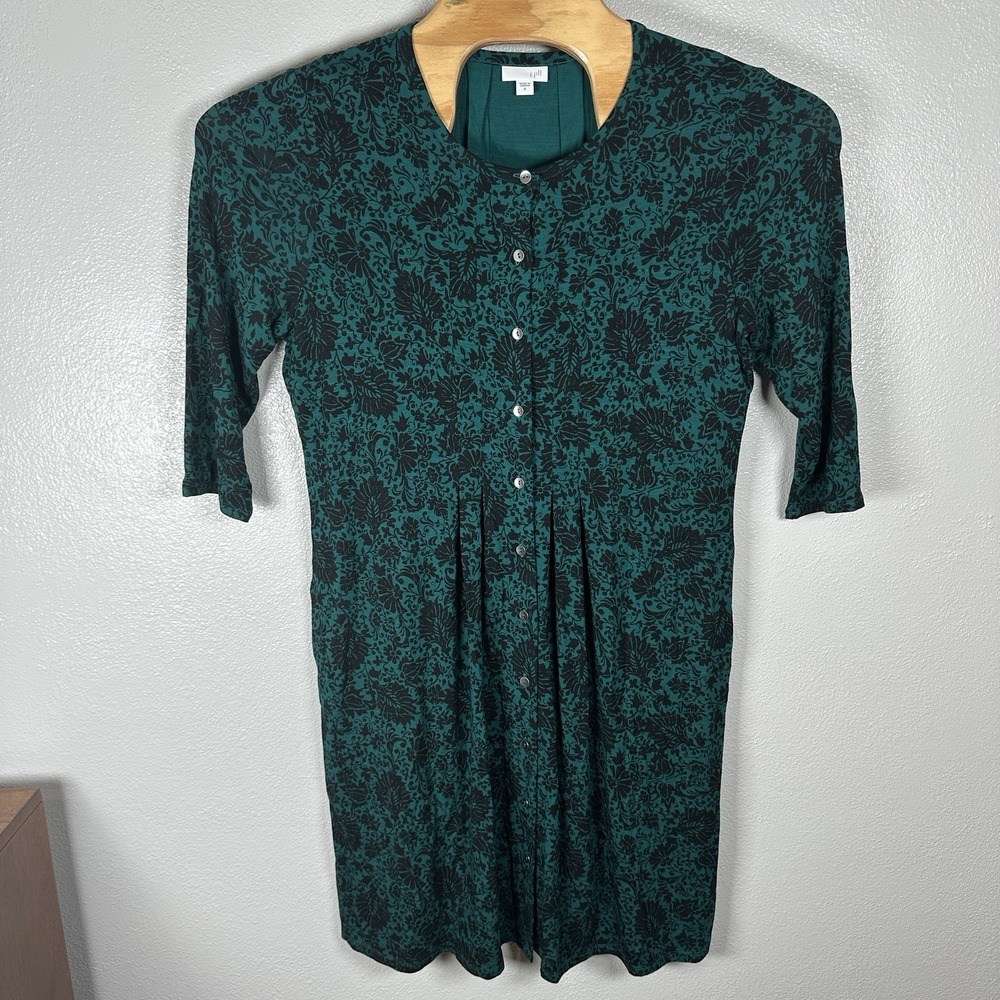 J.Jill Button Front Dress Medium 3/4 Sleeve Rayon Stretch Pockets Green Black